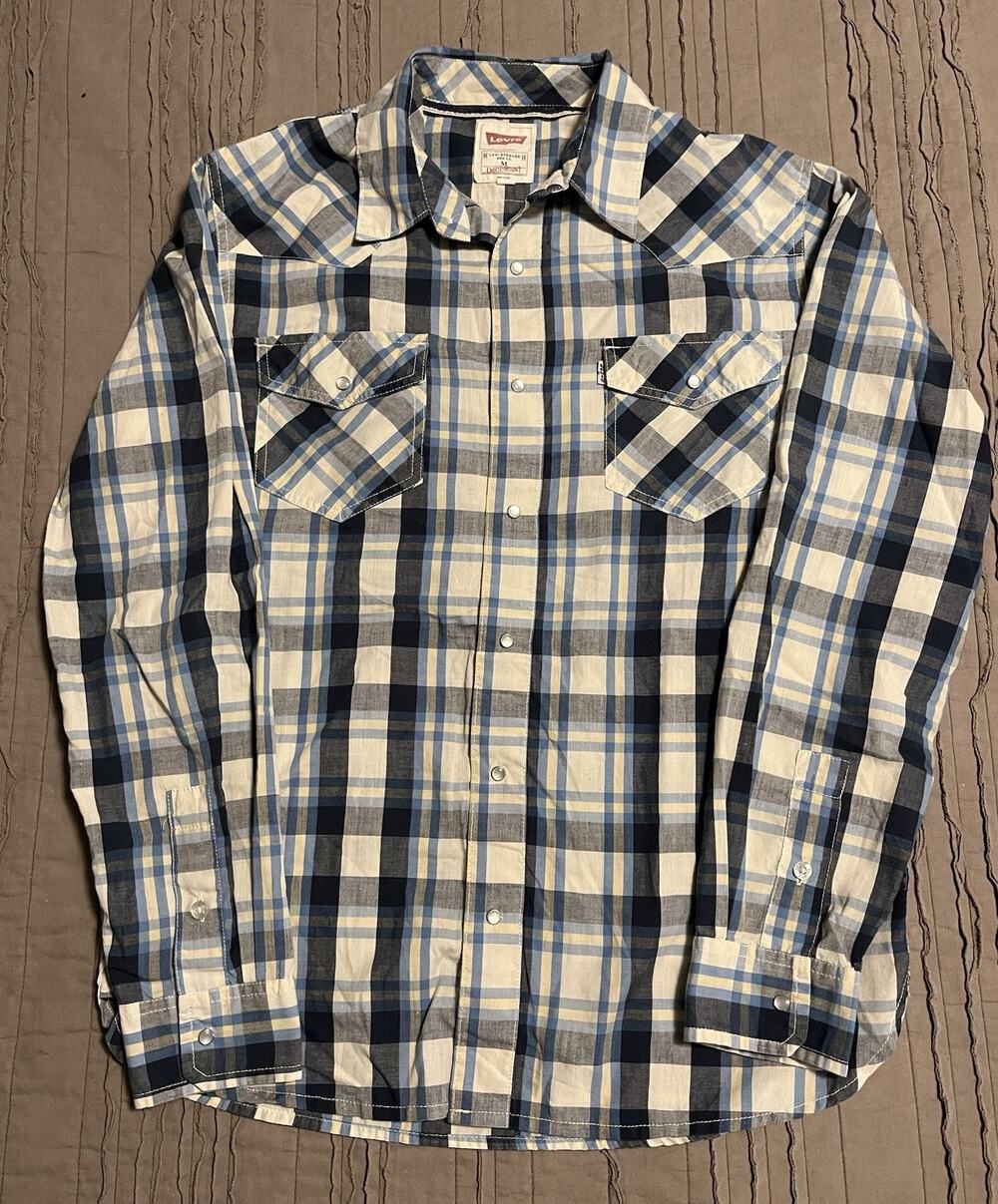 Levi's Pearl Snap Western Shirt Mens Medium Black White Plaid Long Sleeve Cowboy
